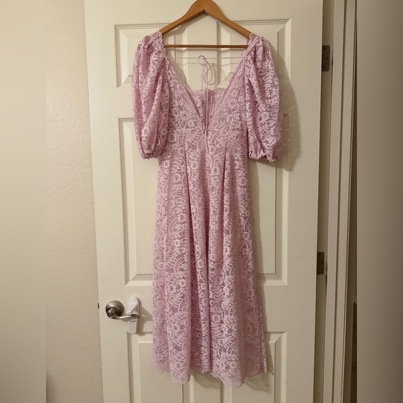 For Love & Lemons Lavender Lace Puff Sleeve Midi Dress Sz Small NWT - Picture 2 of 4
